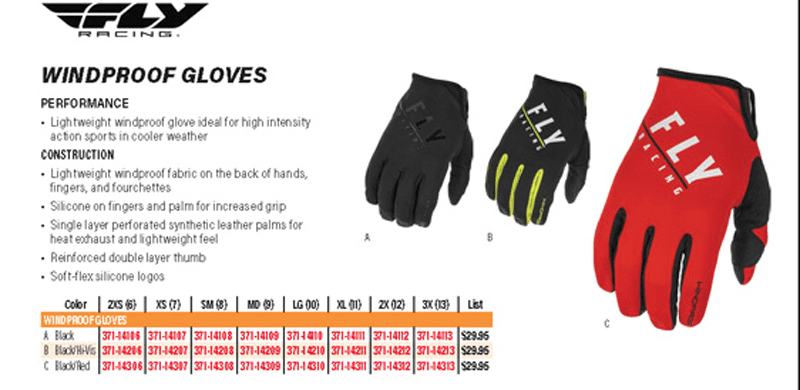 Size chart FlyRacing Windproof Gloves